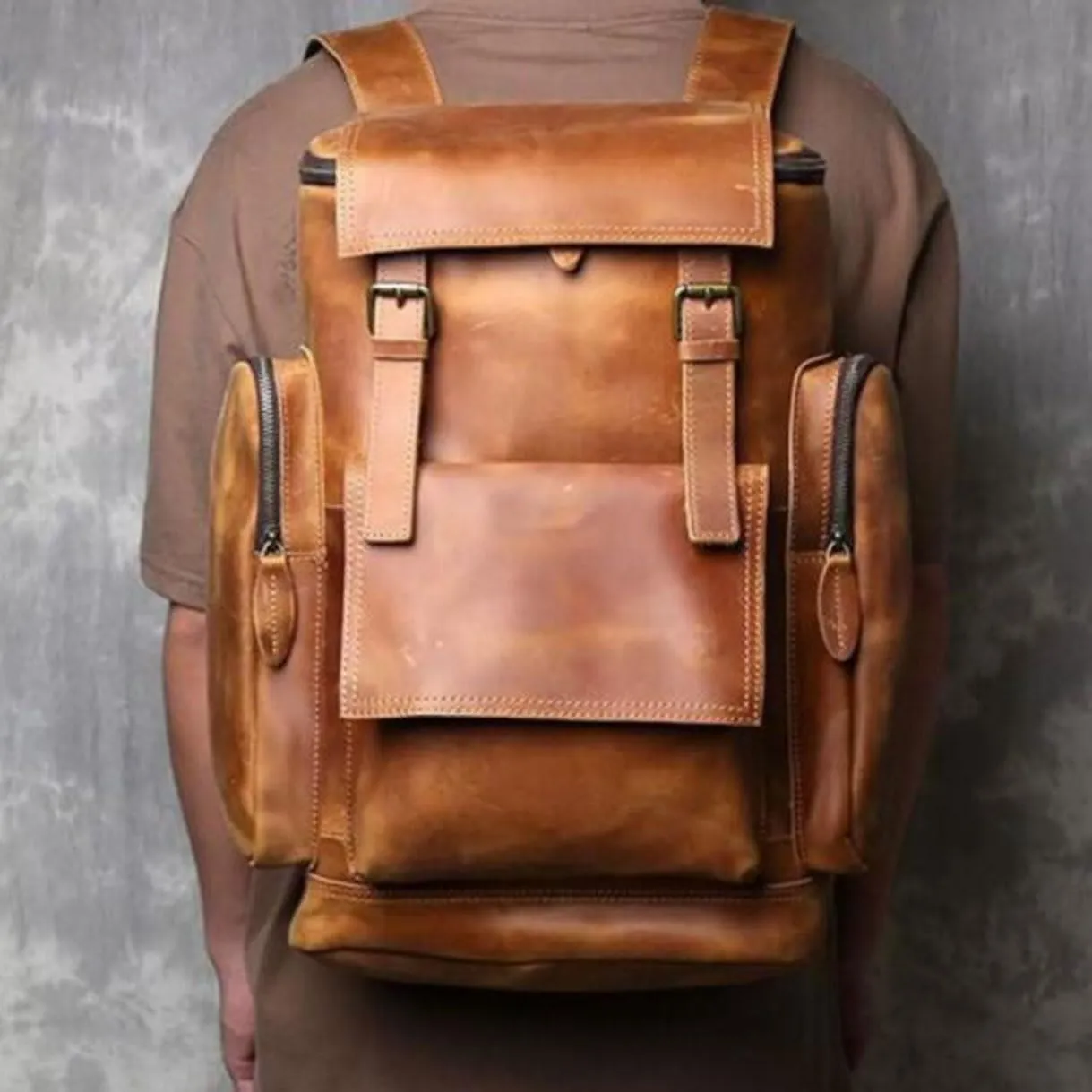 Genuine Leather Backpacks Mens Laptop Bags Computers Bags Casual Daypack Briefcases Travel Bags 16.9Inch(Brown-2)