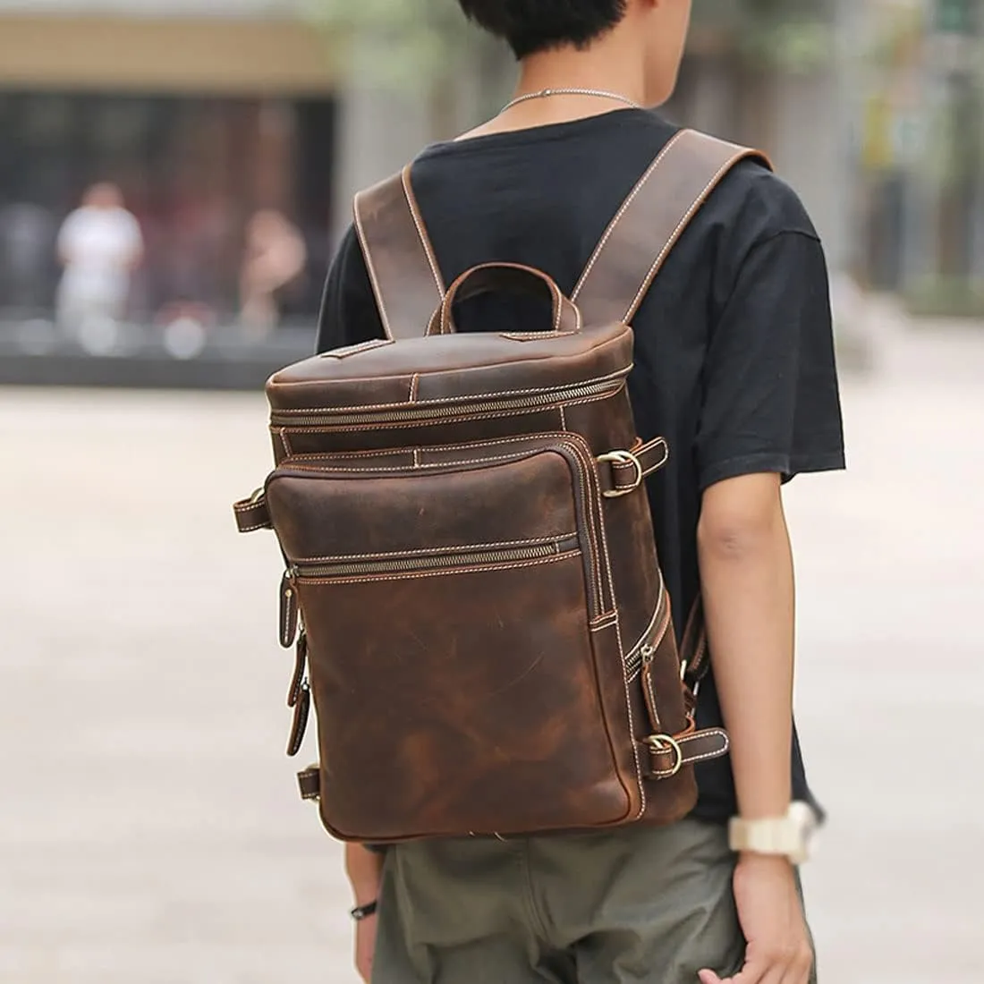 Genuine Leather Travel Bags for Men, Casual Daypack Backpacks Briefcases Mens Laptop Backpacks (Black)