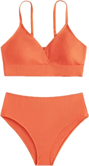 Girls Swimsuits 2 Piece Solid Spaghetti Strap Bikini Sets V Neck Sports Beach Bathing Suit for Teen Girls Swimming Suit