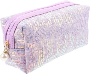 Glitter Makeup Bag - 8inch Portable Cosmetic Bag for Women, Trendy Shimmery Evening Purse, Travel Makeup Pouch with Zipper, Sequin Pink Cosmetic Case