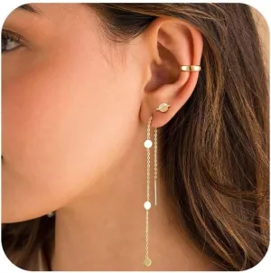 Gold Chain Earrings for Women Dainty Gold Threader Dangle Earrings 14K Gold Plated Cartilage Earrings Set Trendy Hypoallergenic Stack Cubic Zirconia Stud Earrings Long Drop Earrings Jewelry