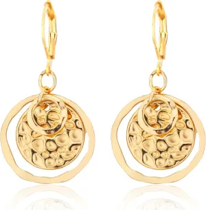 Gold Disc Dangle Earrings for Women Hammered Disk Earrings Lightweight Circle Disc Coin Drop Earrings Hypoallergenic Leverback Earrings Minimalist Round Flat Drop Earrings Boho Jewelry Gifts