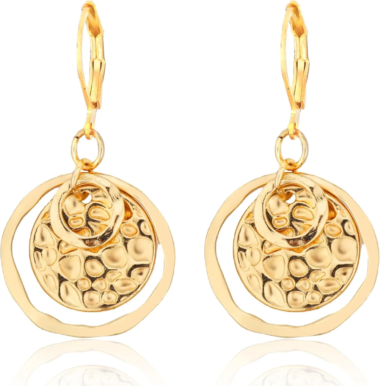 Gold Disc Dangle Earrings for Women Hammered Disk Earrings Lightweight Circle Disc Coin Drop Earrings Hypoallergenic Leverback Earrings Minimalist Round Flat Drop Earrings Boho Jewelry Gifts