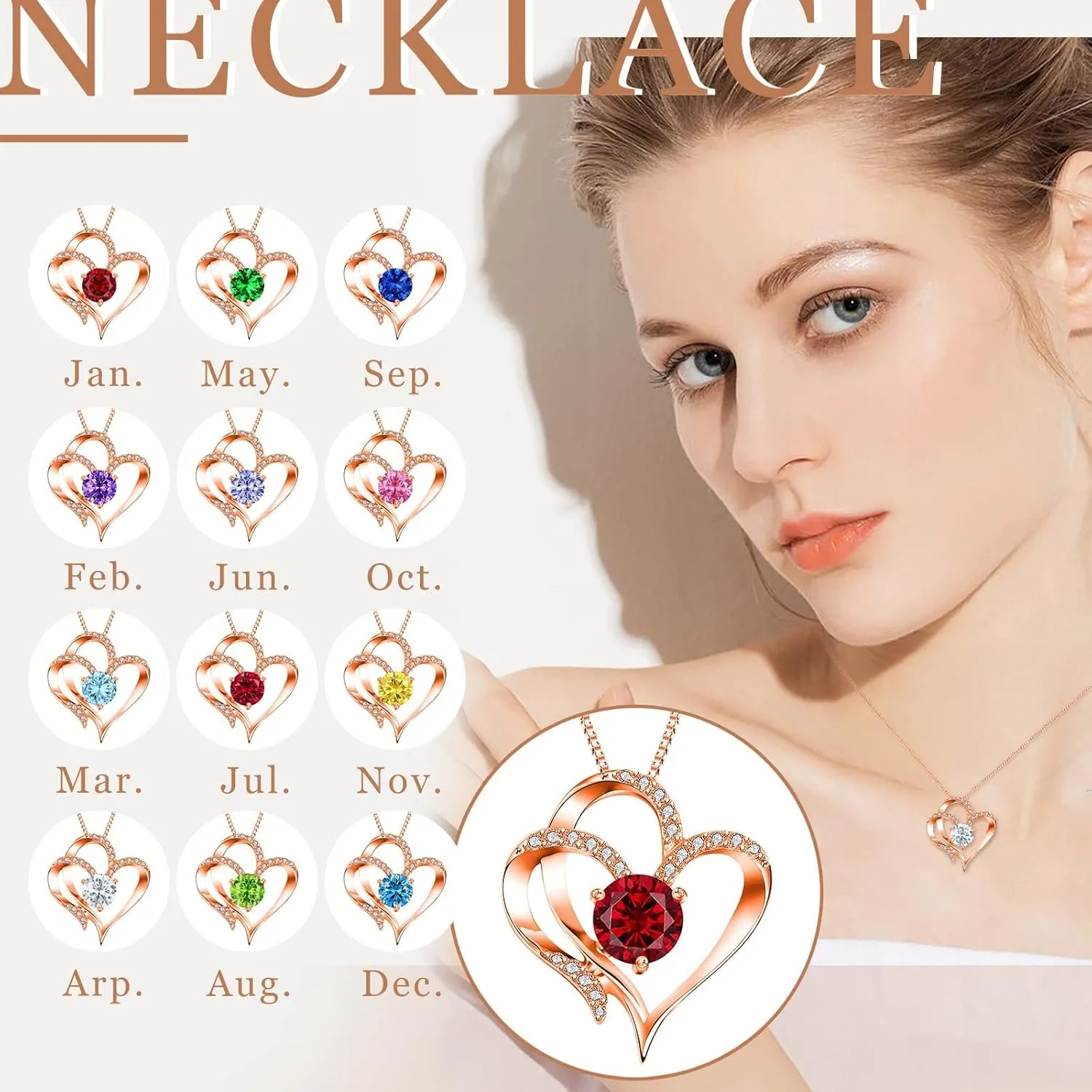 Gold Plated Sterling Silver Heart Necklace for Women,Twelve Months Birthstone Pendant Necklace for Mom Wife Xmas Mother's Day
