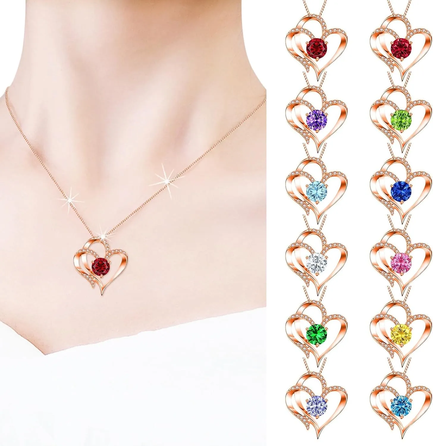 Gold Plated Sterling Silver Heart Necklace for Women,Twelve Months Birthstone Pendant Necklace for Mom Wife Xmas Mother's Day