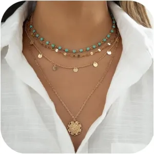 Gold Stacked Necklaces for Women Boho Layered Necklaces Bohemian Beaded Turquoise Coin Choker Necklaces Jewelry Gift for Women