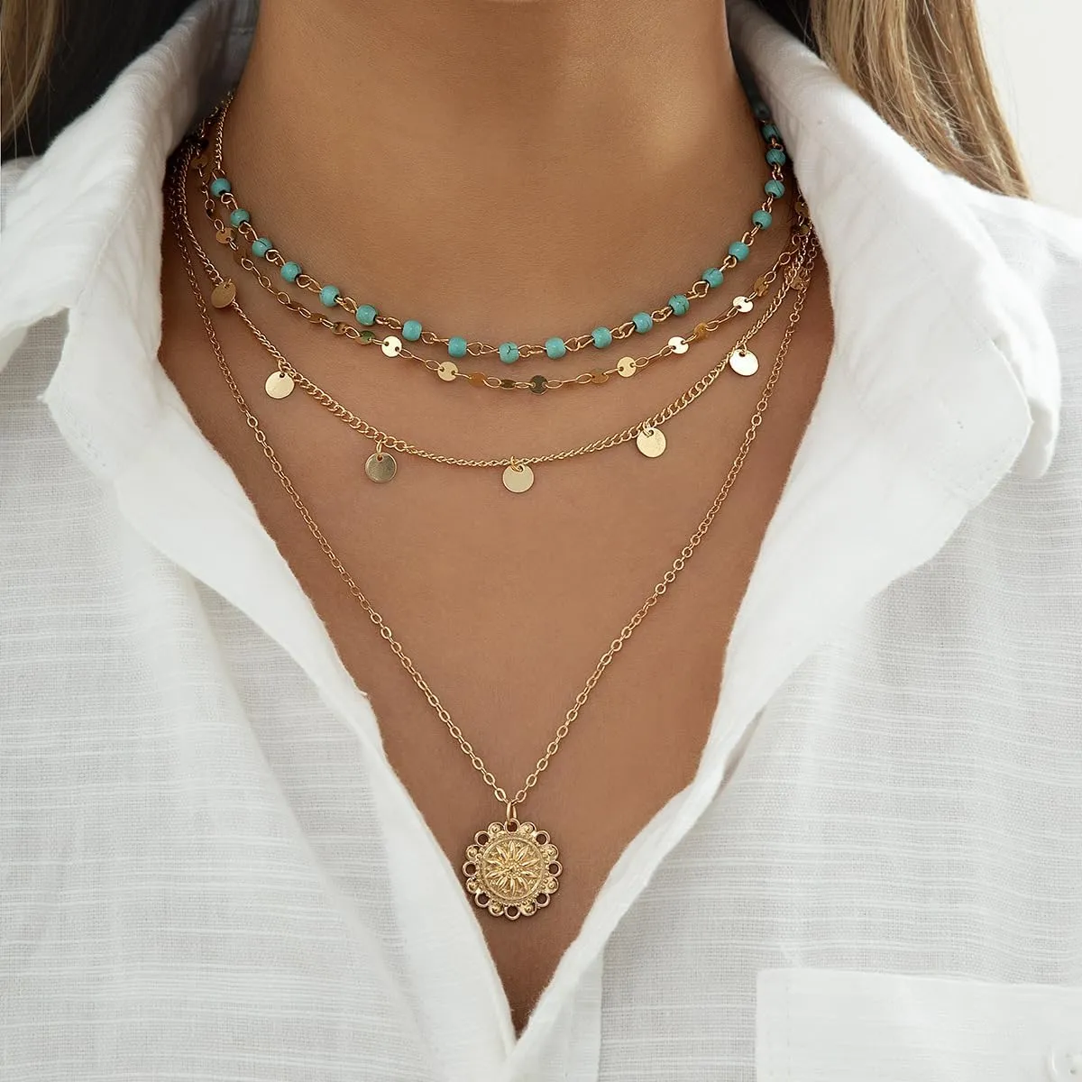 Gold Stacked Necklaces for Women Boho Layered Necklaces Bohemian Beaded Turquoise Coin Choker Necklaces Jewelry Gift for Women