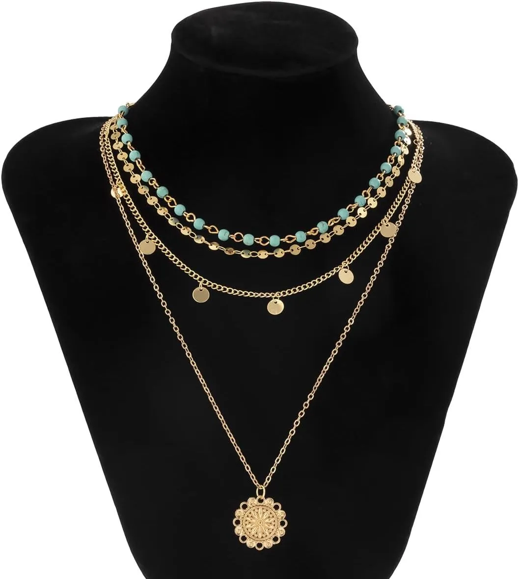 Gold Stacked Necklaces for Women Boho Layered Necklaces Bohemian Beaded Turquoise Coin Choker Necklaces Jewelry Gift for Women