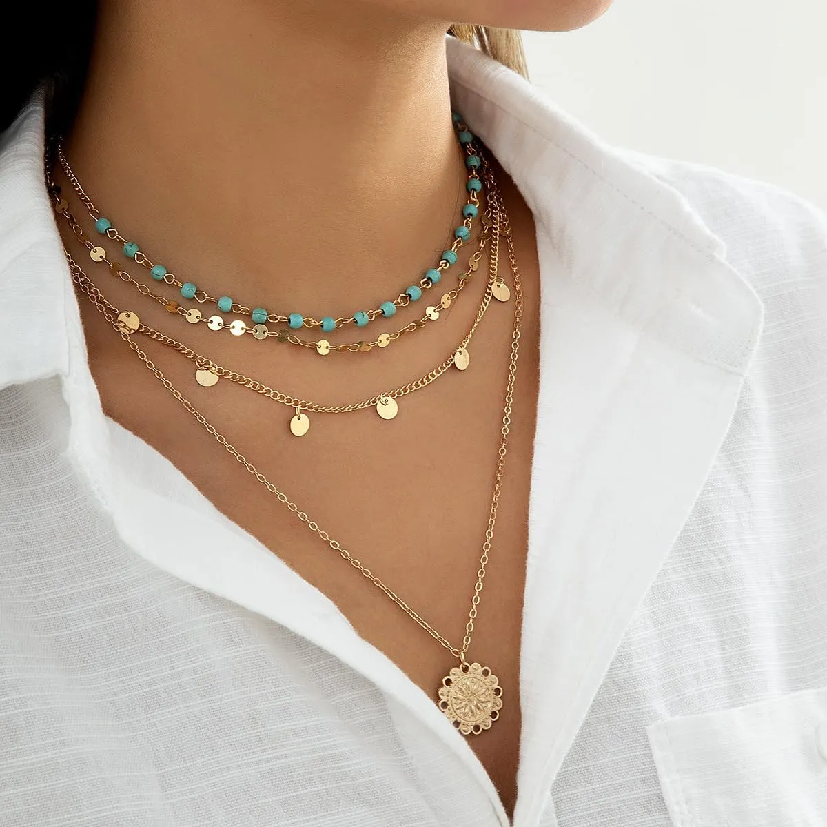 Gold Stacked Necklaces for Women Boho Layered Necklaces Bohemian Beaded Turquoise Coin Choker Necklaces Jewelry Gift for Women