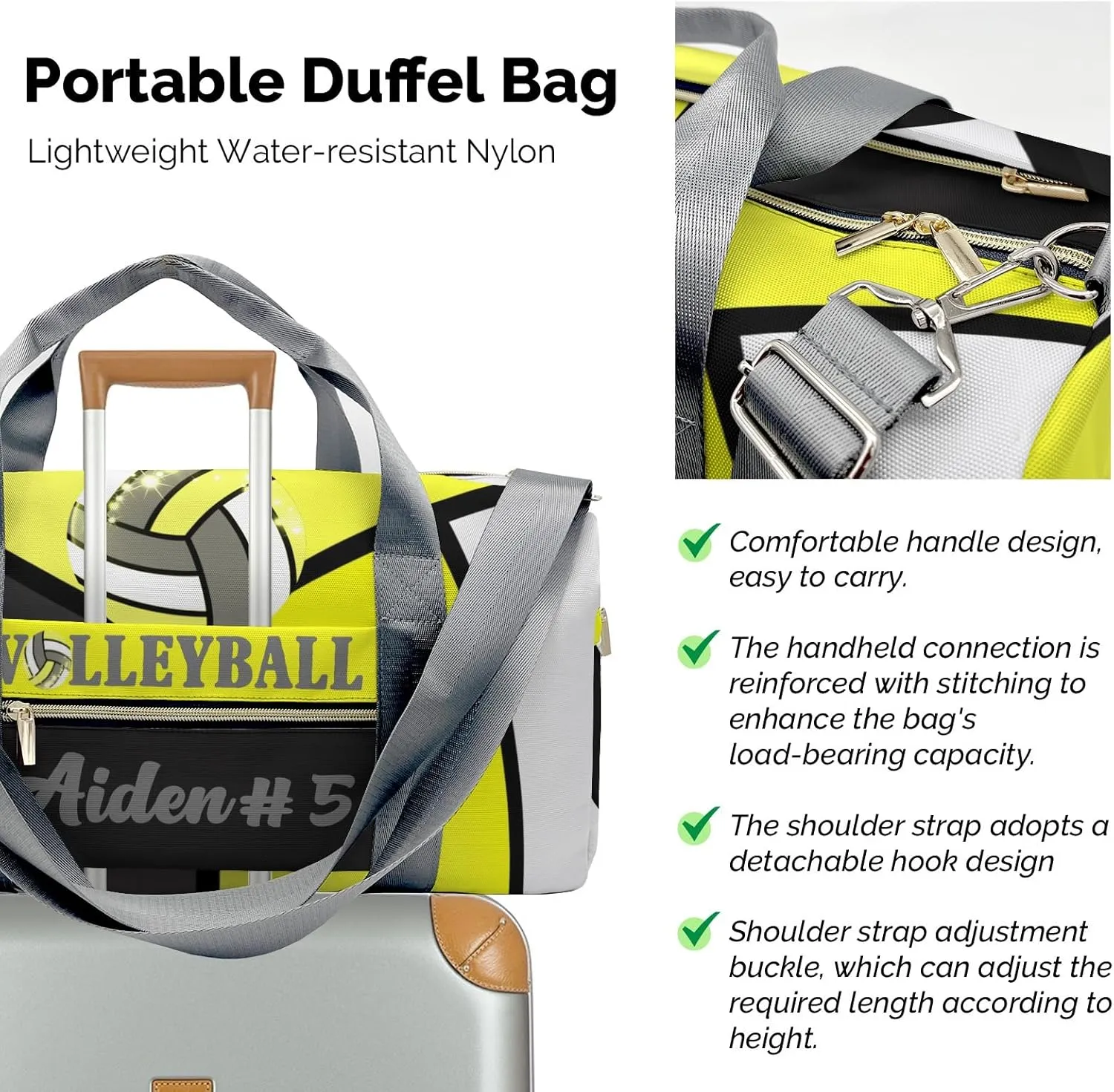 Golden Yellow Volleyball Duffel Bag Adjustable Shoulder Strap Perform Training Travel Bag for Boys Girls Teens Women Men