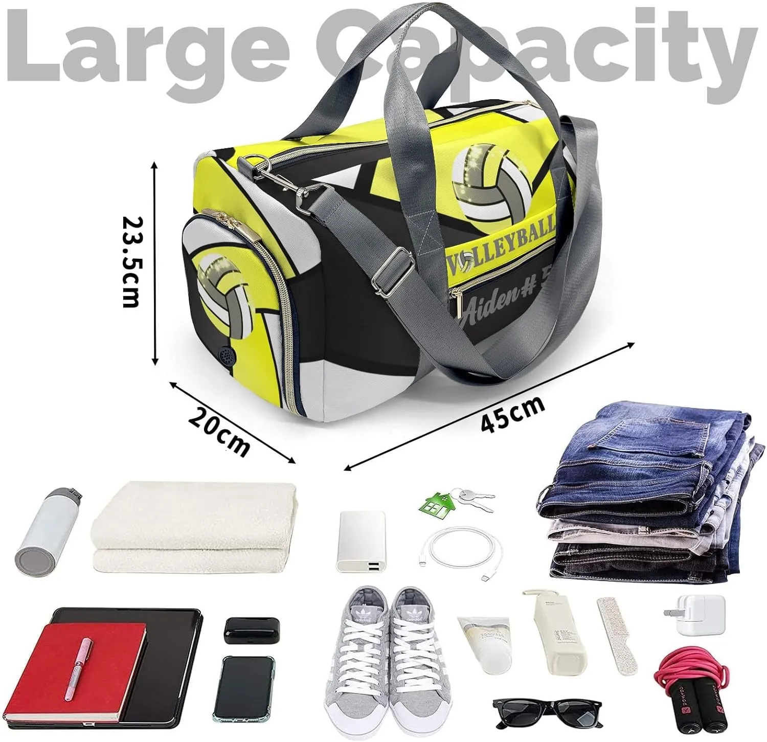 Golden Yellow Volleyball Duffel Bag Adjustable Shoulder Strap Perform Training Travel Bag for Boys Girls Teens Women Men