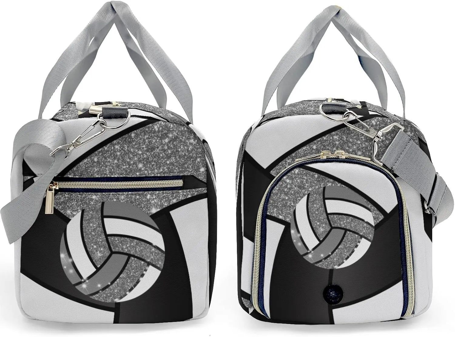 Gray Volleyball Bling Glitter Print Waterproof Duffel Bag with Shoe Compartment Gym Dance Sport Perform Training Travel Bag for Boys Girls Teens Women Men
