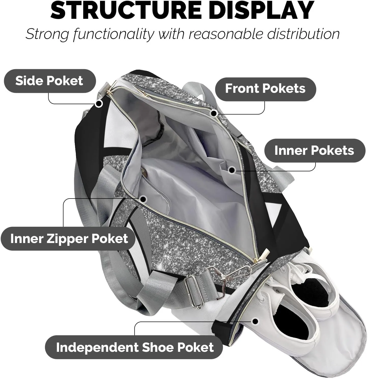 Gray Volleyball Bling Glitter Print Waterproof Duffel Bag with Shoe Compartment Gym Dance Sport Perform Training Travel Bag for Boys Girls Teens Women Men
