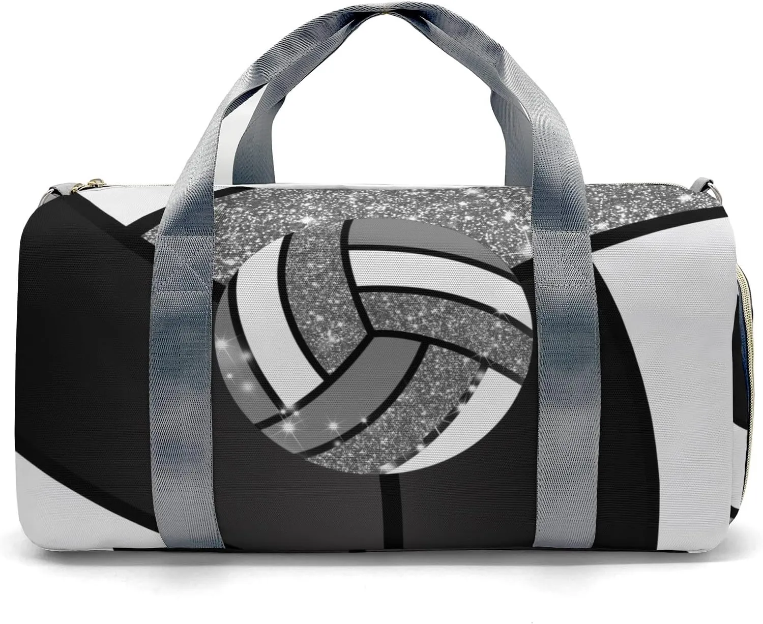 Gray Volleyball Bling Glitter Print Waterproof Duffel Bag with Shoe Compartment Gym Dance Sport Perform Training Travel Bag for Boys Girls Teens Women Men