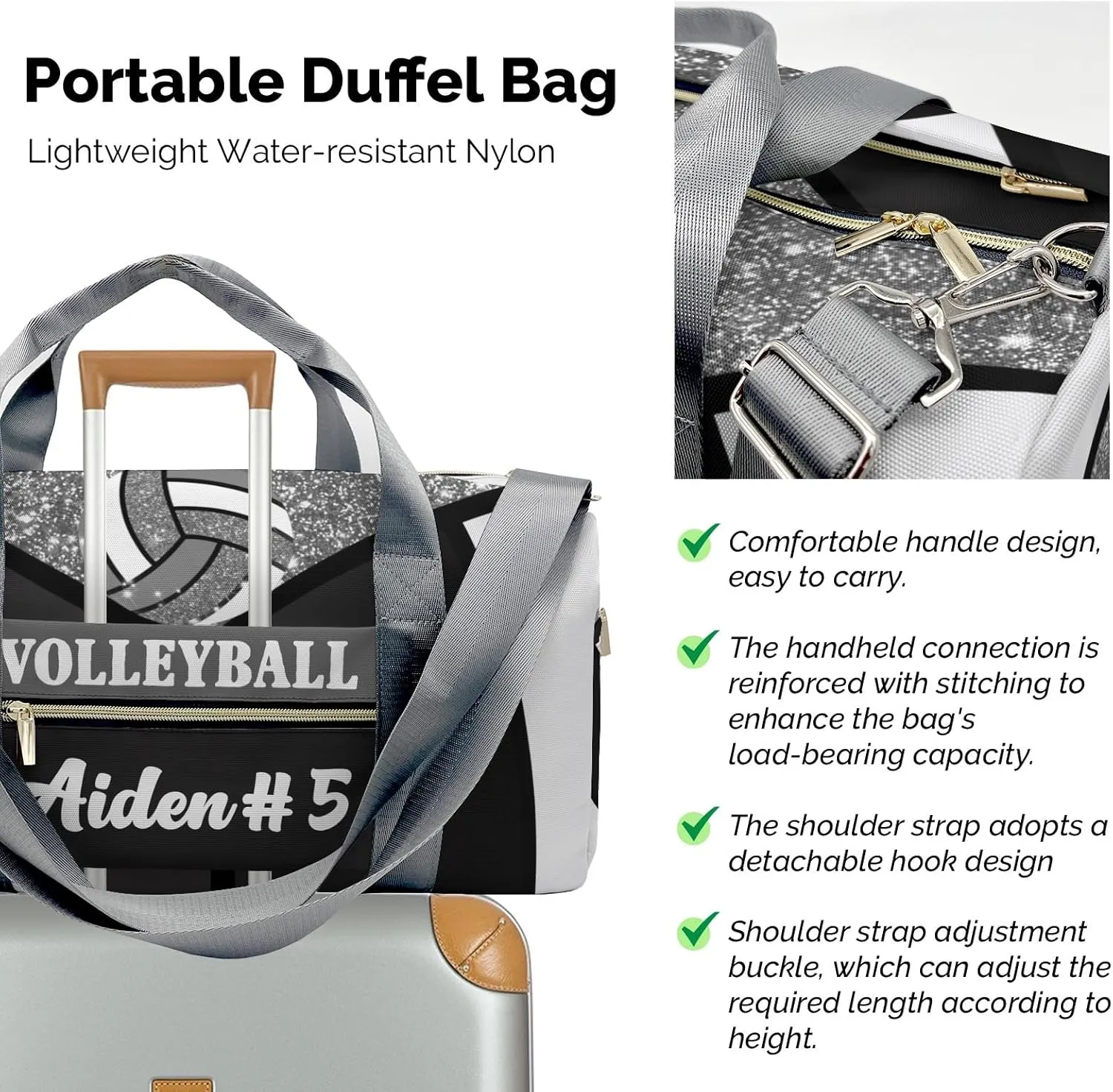 Gray Volleyball Bling Glitter Print Waterproof Duffel Bag with Shoe Compartment Gym Dance Sport Perform Training Travel Bag for Boys Girls Teens Women Men