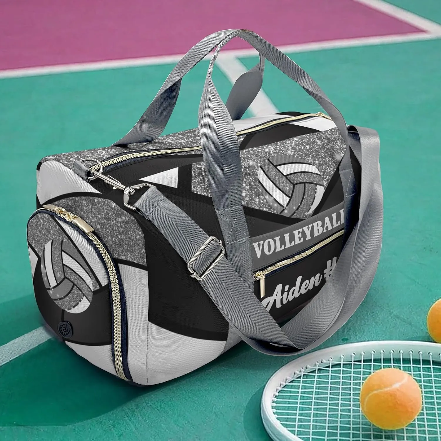 Gray Volleyball Bling Glitter Print Waterproof Duffel Bag with Shoe Compartment Gym Dance Sport Perform Training Travel Bag for Boys Girls Teens Women Men
