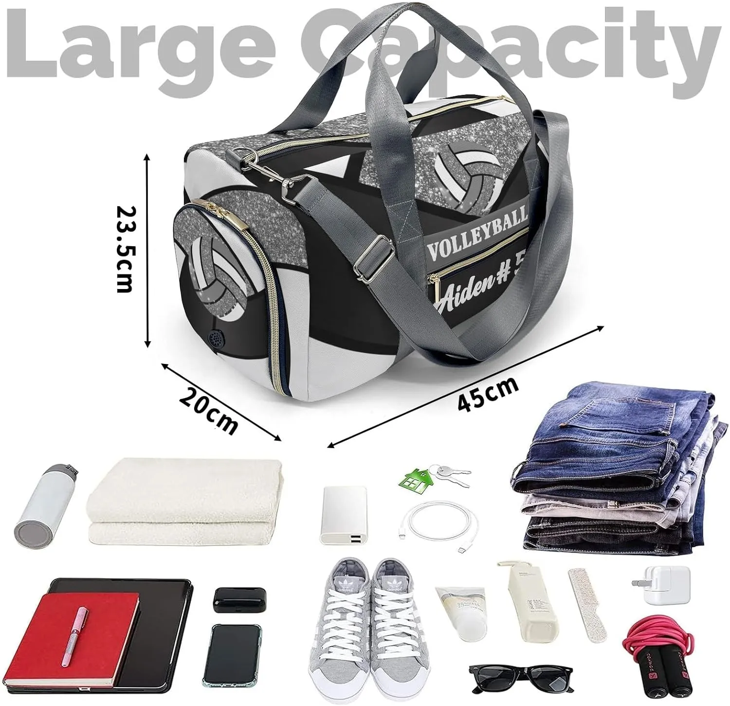 Gray Volleyball Bling Glitter Print Waterproof Duffel Bag with Shoe Compartment Gym Dance Sport Perform Training Travel Bag for Boys Girls Teens Women Men