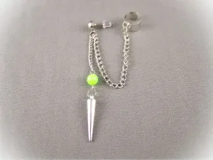 Green Bead Silver Tone Dangle Post Spike Earrings For Women Set Ear Cuff 3" Long Chain Spiked