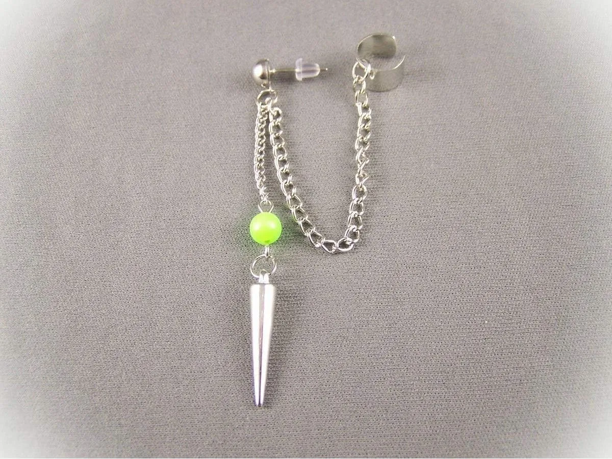 Green Bead Silver Tone Dangle Post Spike Earrings For Women Set Ear Cuff 3" Long Chain Spiked