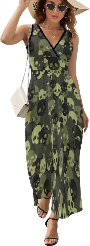 Green Camo Skull Sleeveless Maxi Dresses Casual Beach Long Sundresses with Cross V Neck for Women Summer