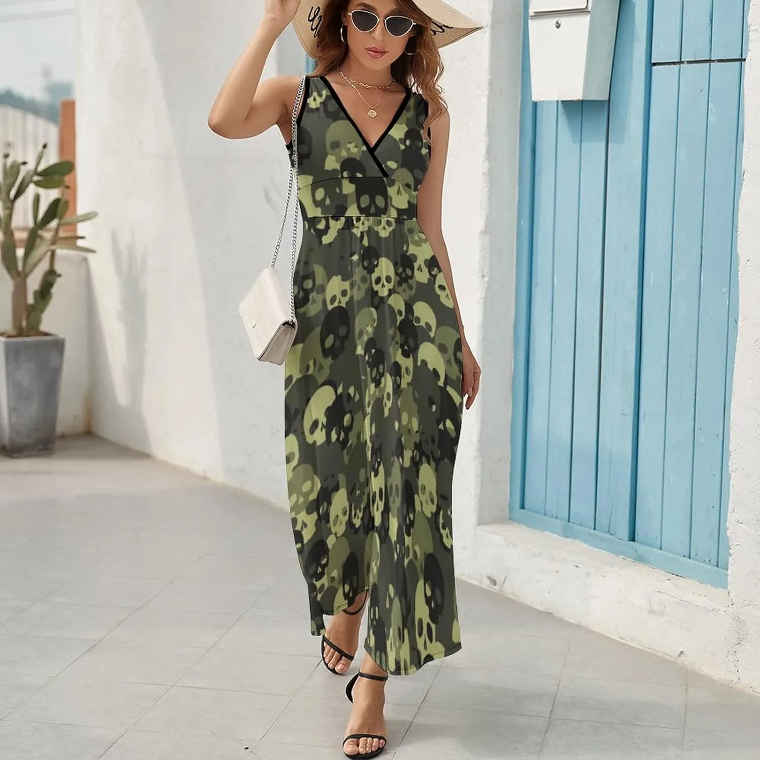 Green Camo Skull Sleeveless Maxi Dresses Casual Beach Long Sundresses with Cross V Neck for Women Summer