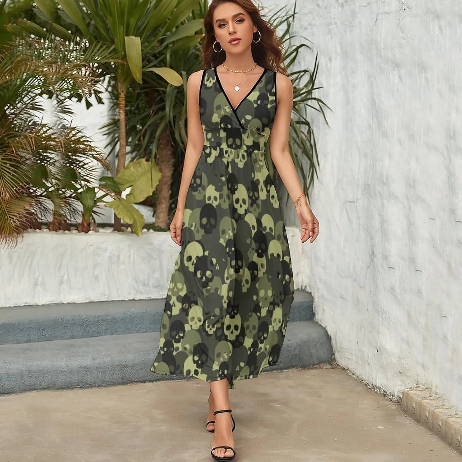 Green Camo Skull Sleeveless Maxi Dresses Casual Beach Long Sundresses with Cross V Neck for Women Summer