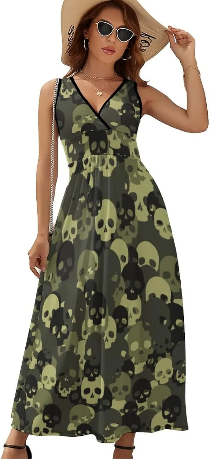 Green Camo Skull Sleeveless Maxi Dresses Casual Beach Long Sundresses with Cross V Neck for Women Summer