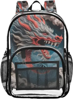 Grey Cloud Dragon Clear Backpack with Back Print, Heavy Duty See Through Backpacks PVC Transparent Daypack for Travel Security