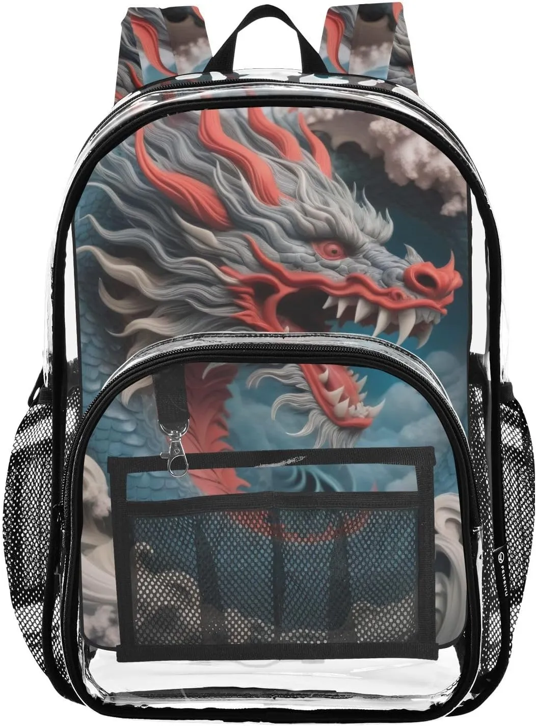 Grey Cloud Dragon Clear Backpack with Back Print, Heavy Duty See Through Backpacks PVC Transparent Daypack for Travel Security
