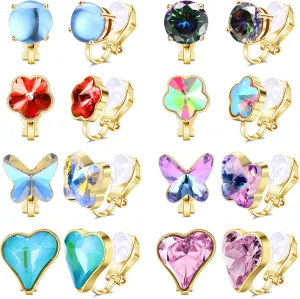 HAIAISO Clip On Earrings Set for Women - Non-Pierced CZ Heart, Butterfly, Flower Earrings - Hypoallergenic, Vibrant Color Birthstone Clip Ons