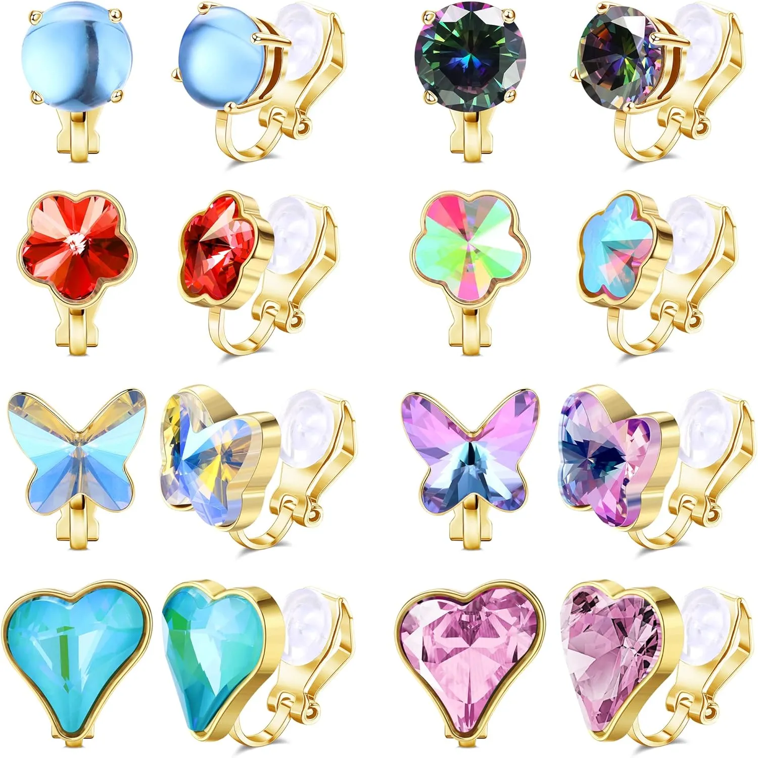 HAIAISO Clip On Earrings Set for Women - Non-Pierced CZ Heart, Butterfly, Flower Earrings - Hypoallergenic, Vibrant Color Birthstone Clip Ons