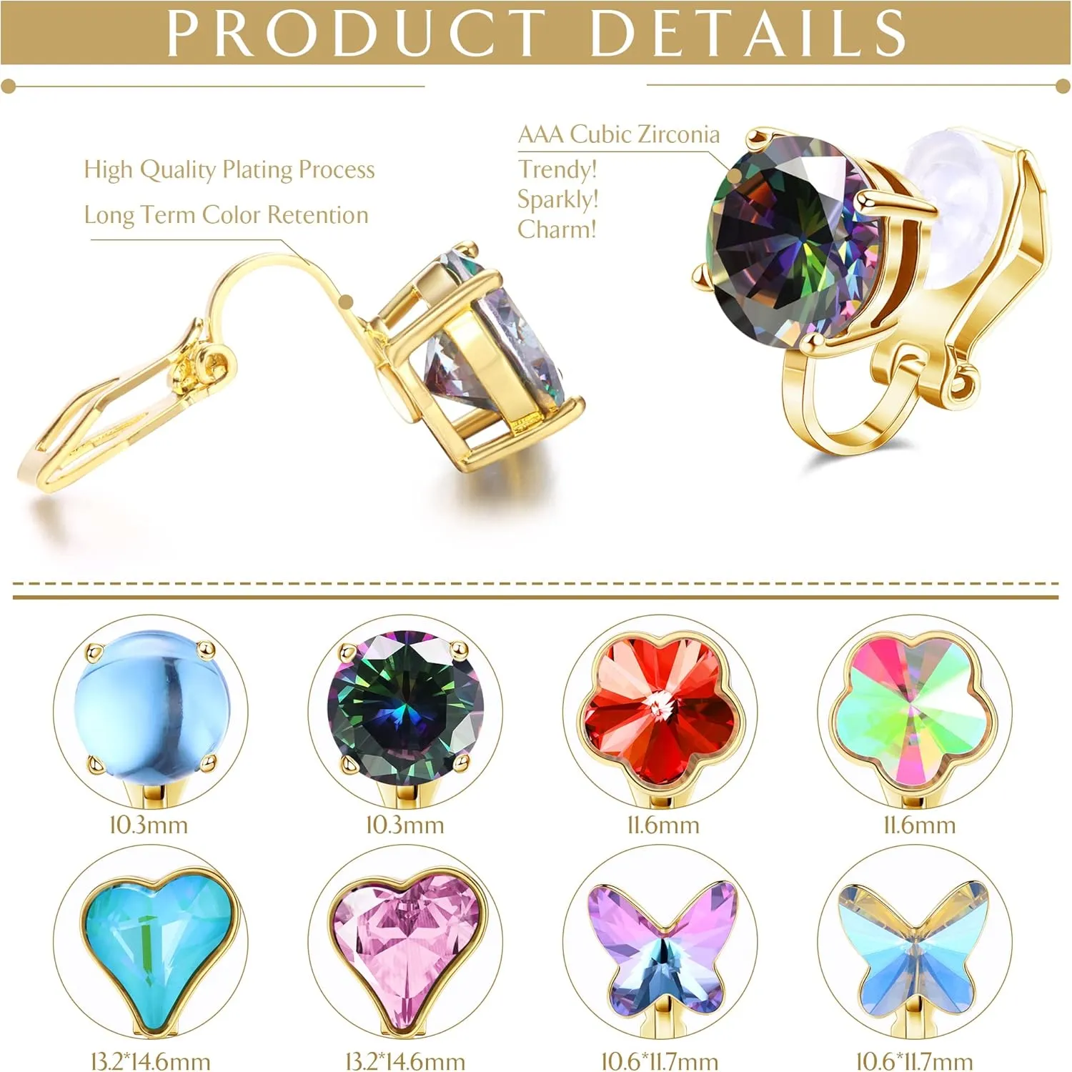 HAIAISO Clip On Earrings Set for Women - Non-Pierced CZ Heart, Butterfly, Flower Earrings - Hypoallergenic, Vibrant Color Birthstone Clip Ons