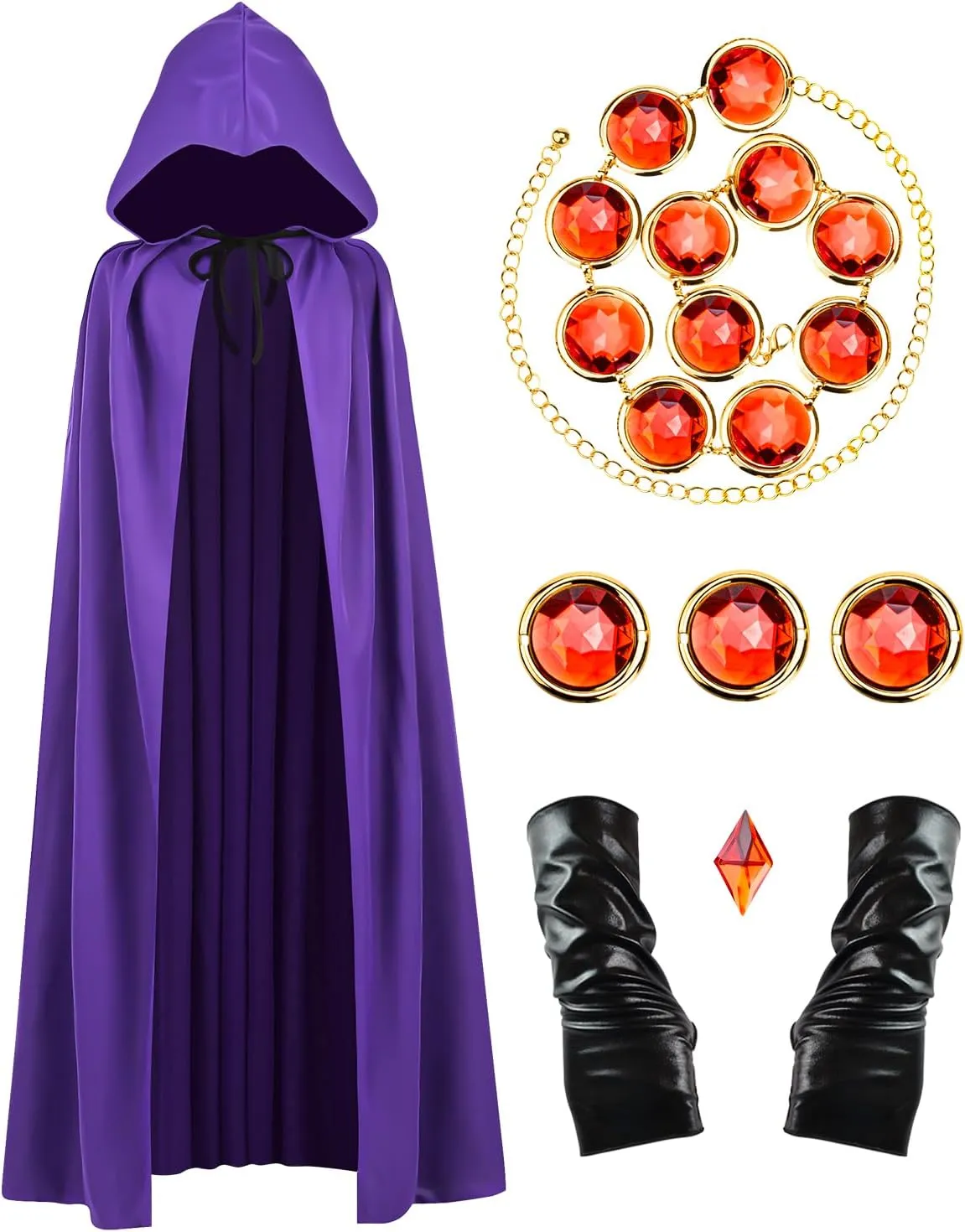 Halloween Costumes Purple Cloak for Women, Anime Cosplay Hooded Cape with Adjustable Red Stones Waist Belt Faux Leather Gloves (M: 5'5"-5'9")