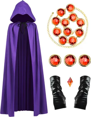 Halloween Costumes Purple Cloak for Women, Anime Cosplay Hooded Cape with Adjustable Red Stones Waist Belt Faux Leather Gloves (M: 5'5"-5'9")