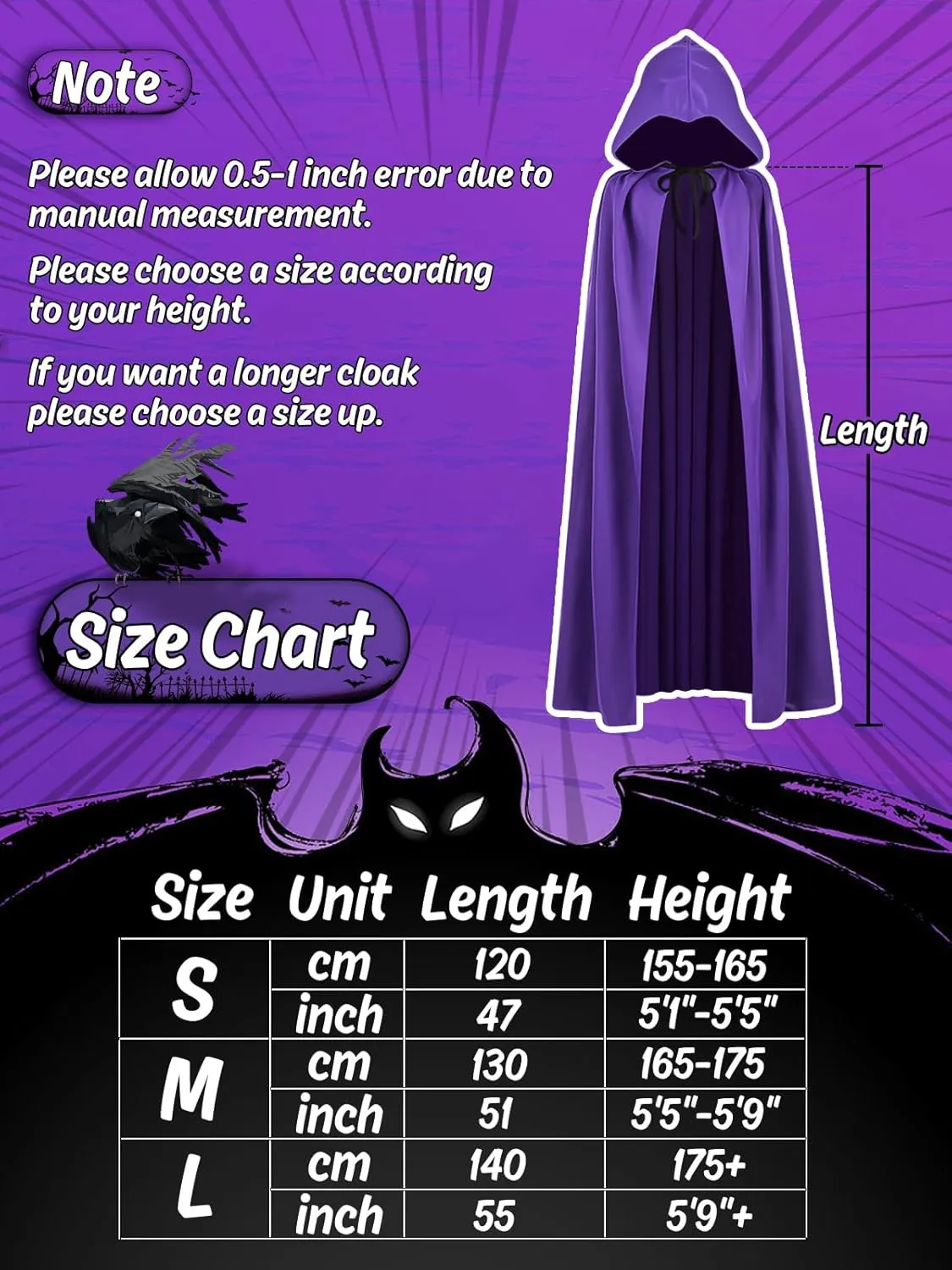 Halloween Costumes Purple Cloak for Women, Anime Cosplay Hooded Cape with Adjustable Red Stones Waist Belt Faux Leather Gloves (M: 5'5"-5'9")