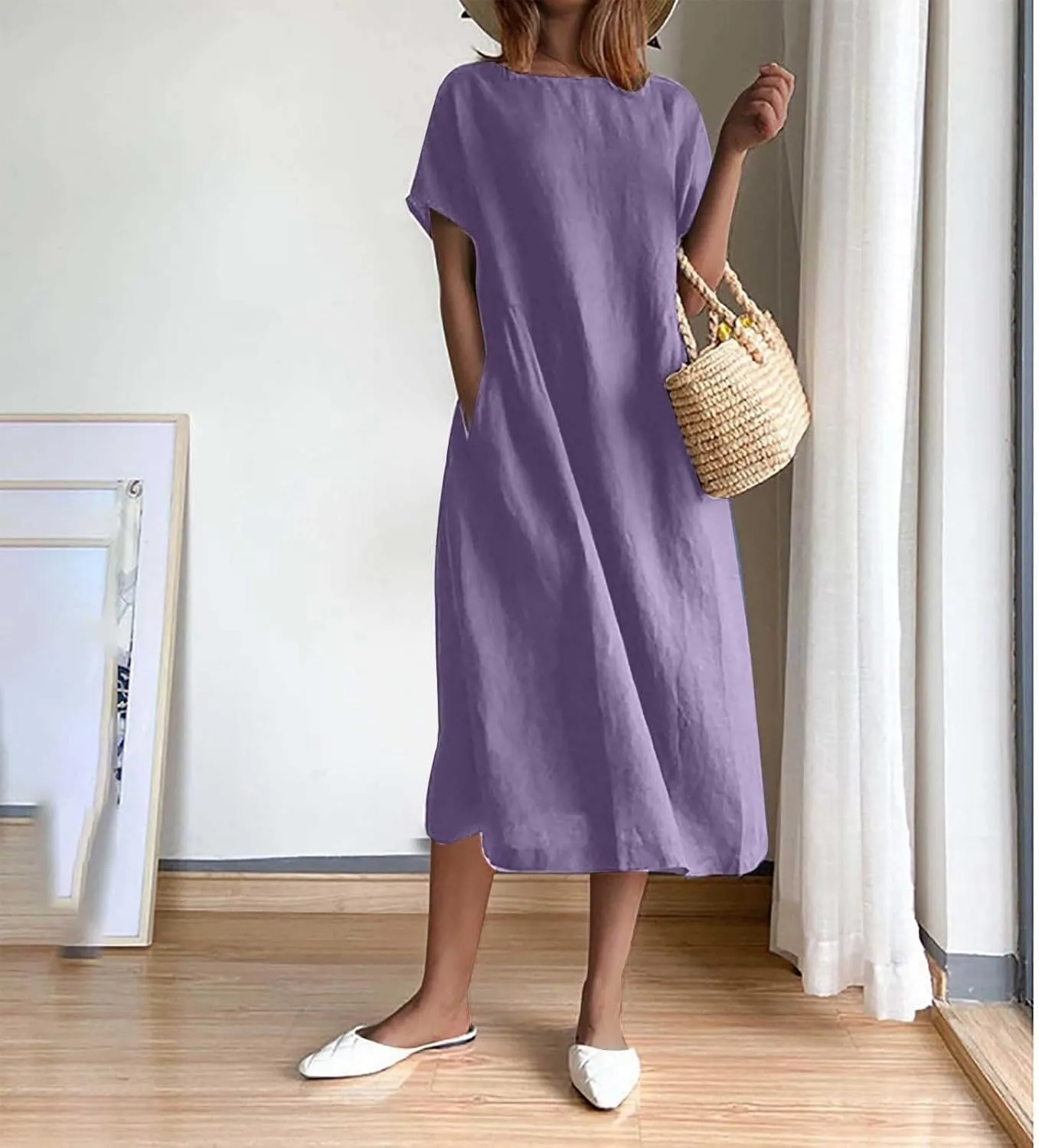 Hawaiian Dresses for Women Summer Casual Trendy Short Sleeve Crew Neck Solid Color Vacation Linen Dress, M-4XL