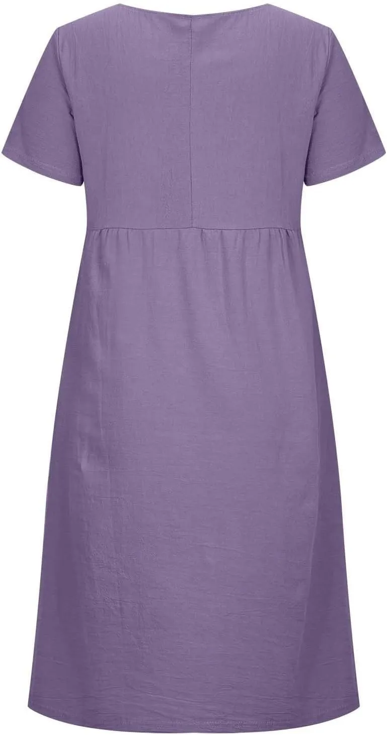 Hawaiian Dresses for Women Summer Casual Trendy Short Sleeve Crew Neck Solid Color Vacation Linen Dress, M-4XL
