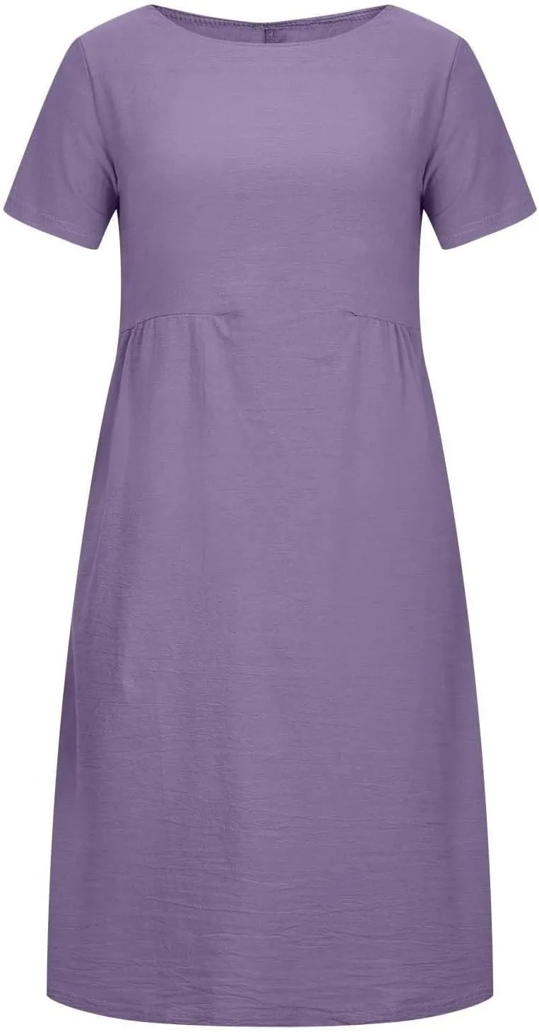 Hawaiian Dresses for Women Summer Casual Trendy Short Sleeve Crew Neck Solid Color Vacation Linen Dress, M-4XL