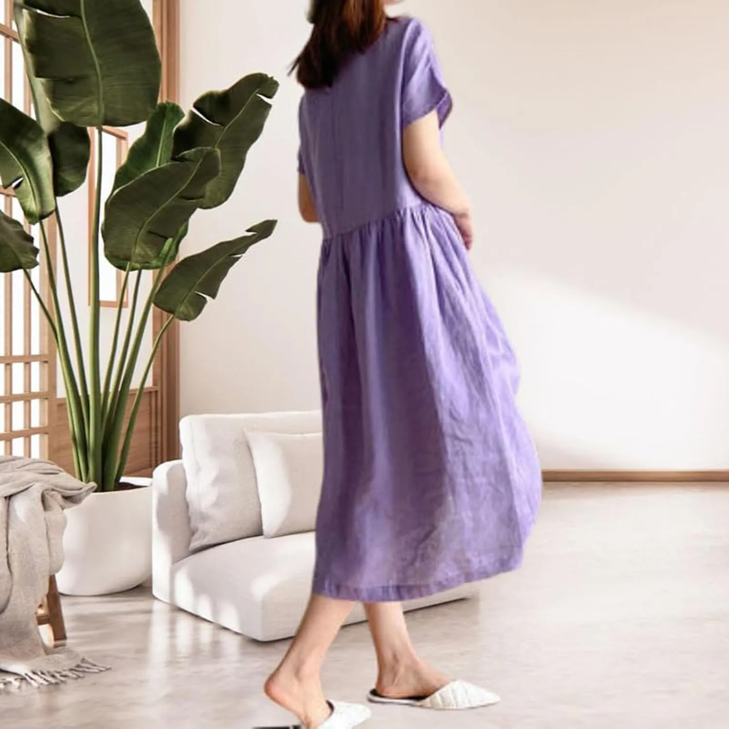Hawaiian Dresses for Women Summer Casual Trendy Short Sleeve Crew Neck Solid Color Vacation Linen Dress, M-4XL