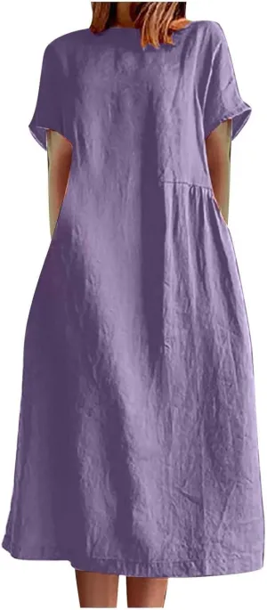 Hawaiian Dresses for Women Summer Casual Trendy Short Sleeve Crew Neck Solid Color Vacation Linen Dress, M-4XL