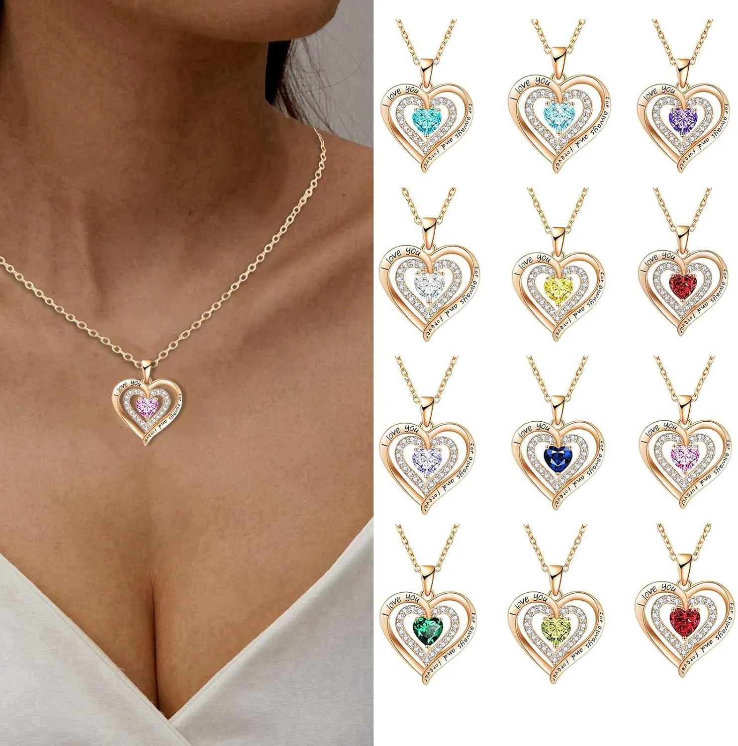 Heart Pendant Necklace for Women,Twelve Months Birthstone Clavicle Chain Birthday Valentine's Day for Wife Girlfriend Mother