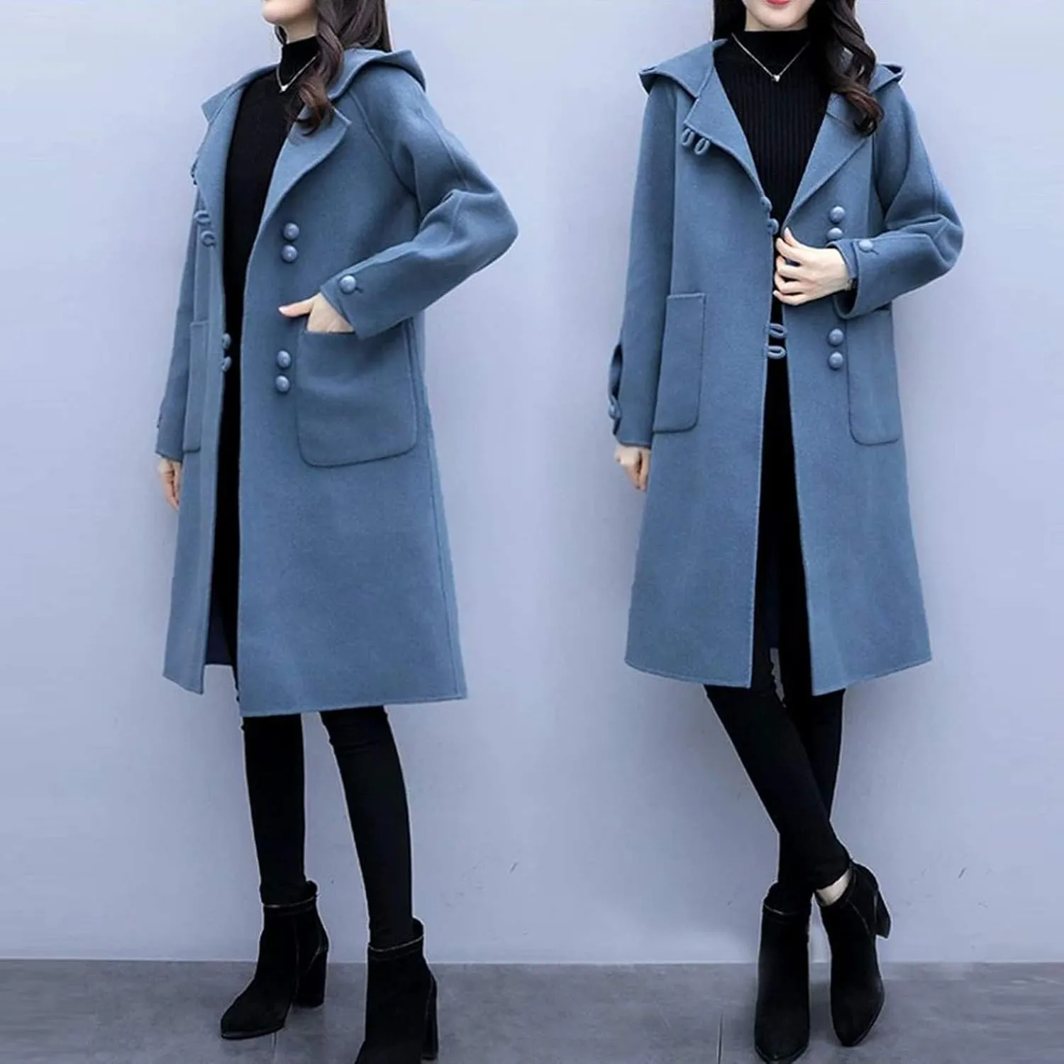 Heated Jackets for Women 2024 Casual Loose Mid-length Trench Coats Long Sleeve Button Woolen Jacket with Pockets