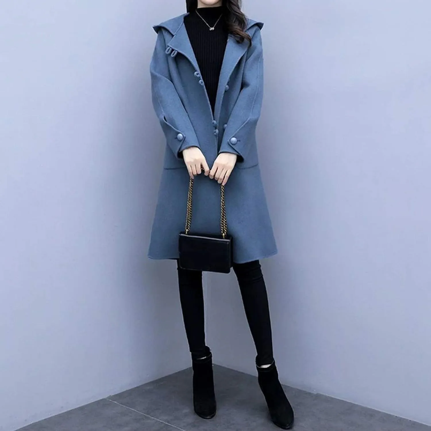 Heated Jackets for Women 2024 Casual Loose Mid-length Trench Coats Long Sleeve Button Woolen Jacket with Pockets