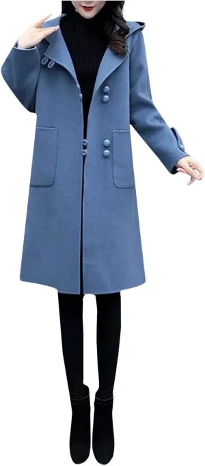 Heated Jackets for Women 2024 Casual Loose Mid-length Trench Coats Long Sleeve Button Woolen Jacket with Pockets