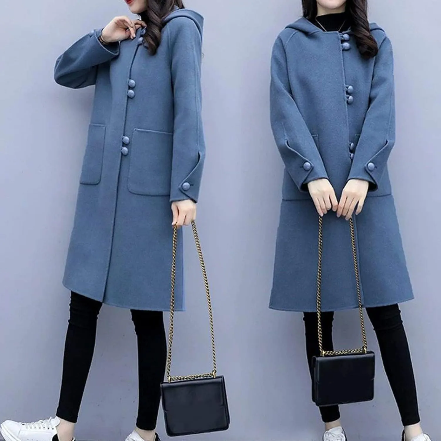 Heated Jackets for Women 2024 Casual Loose Mid-length Trench Coats Long Sleeve Button Woolen Jacket with Pockets