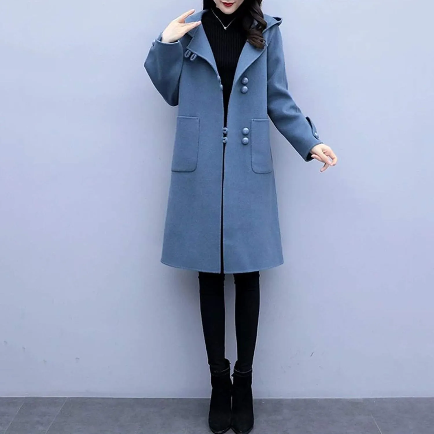 Heated Jackets for Women 2024 Casual Loose Mid-length Trench Coats Long Sleeve Button Woolen Jacket with Pockets