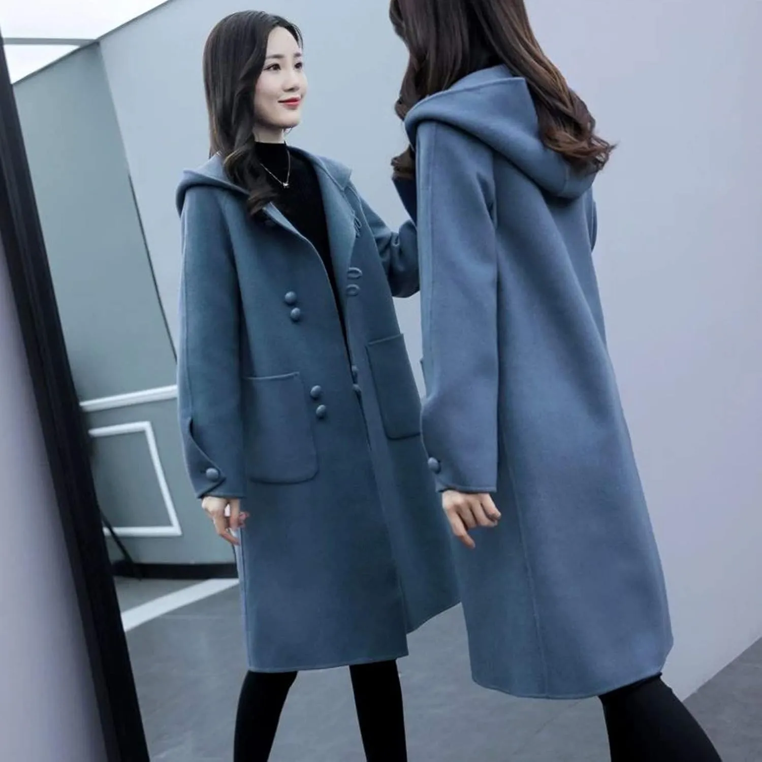 Heated Jackets for Women 2024 Casual Loose Mid-length Trench Coats Long Sleeve Button Woolen Jacket with Pockets