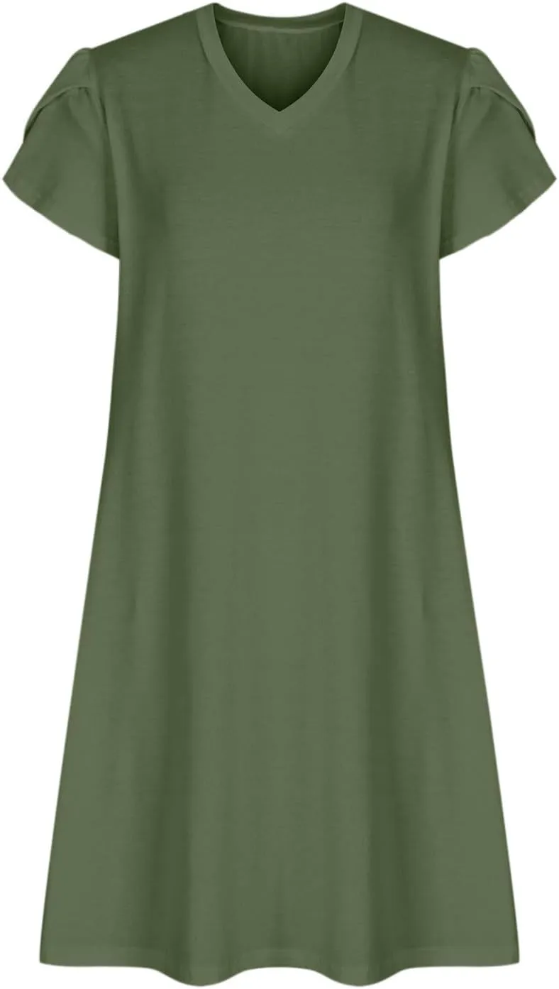 hlysgo Petite Dresses for Women 2025 Summer Petal Sleeve Crew Neck Beach Dress Casual A-Line Flowy Mini Dress with Pockets