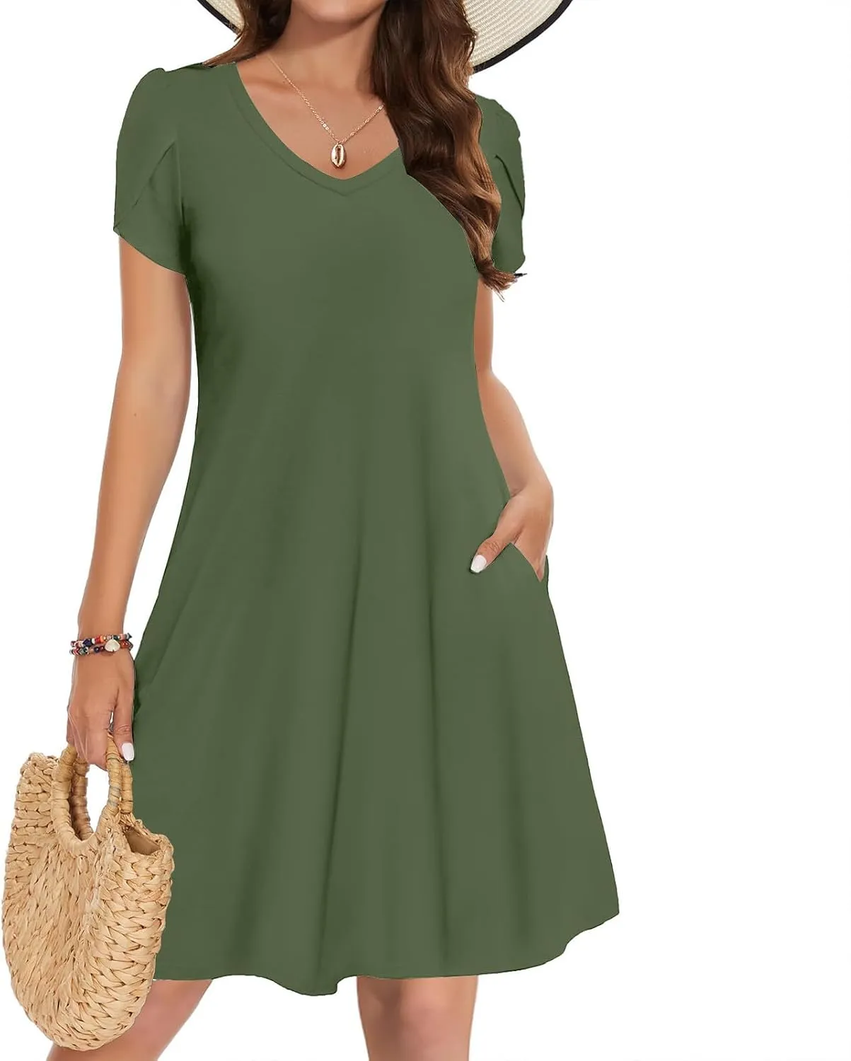 hlysgo Petite Dresses for Women 2025 Summer Petal Sleeve Crew Neck Beach Dress Casual A-Line Flowy Mini Dress with Pockets