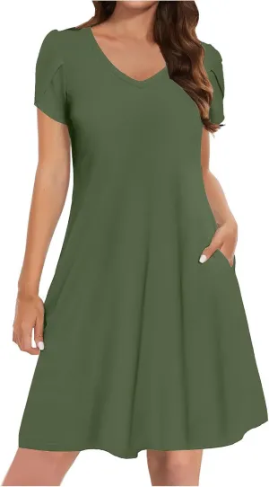 hlysgo Petite Dresses for Women 2025 Summer Petal Sleeve Crew Neck Beach Dress Casual A-Line Flowy Mini Dress with Pockets